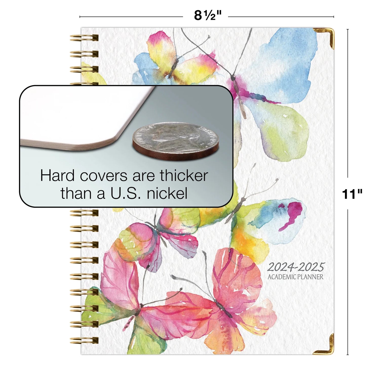 Hardcover Academic Year 2024-2025 Planner (June 2024 through July 2025) 8.5"X11", Large, Daily Weekly Monthly Planner Yearly Agenda. Bookmark, Pocket Folder and Sticky Note Set, Watercolor Butterflies