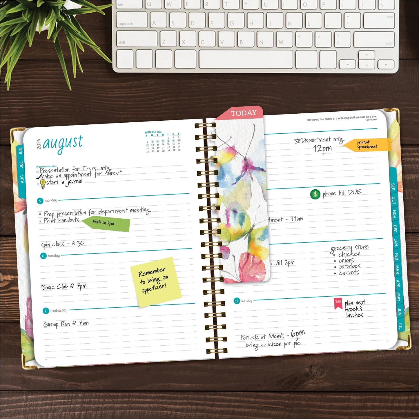 Hardcover Academic Year 2024-2025 Planner (June 2024 through July 2025) 8.5"X11", Large, Daily Weekly Monthly Planner Yearly Agenda. Bookmark, Pocket Folder and Sticky Note Set, Watercolor Butterflies