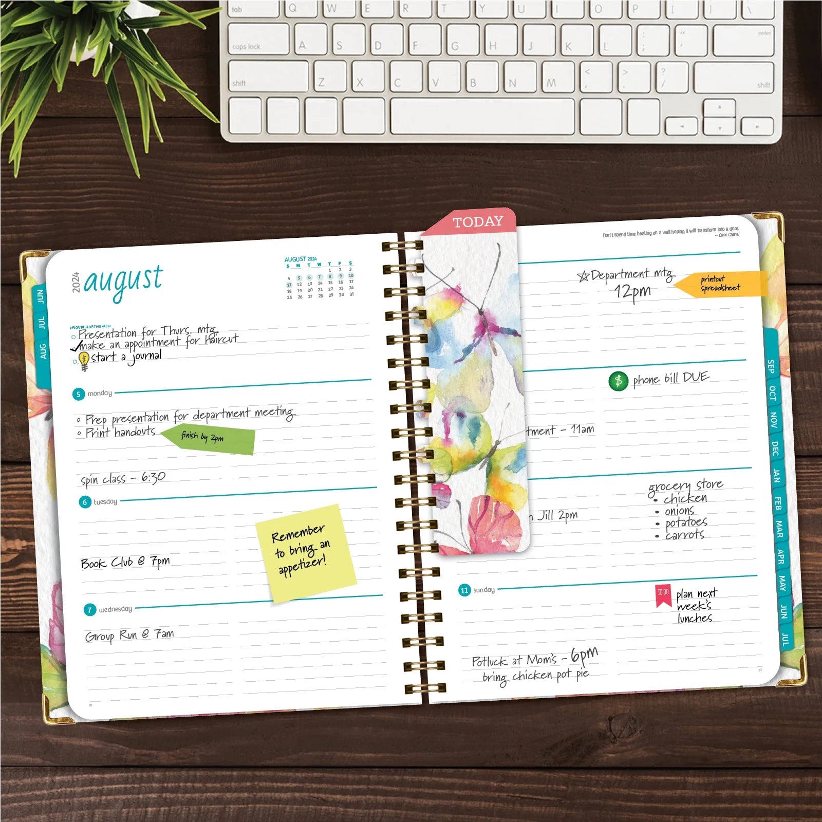 Hardcover Academic Year 2024-2025 Planner (June 2024 through July 2025) 8.5"X11", Large, Daily Weekly Monthly Planner Yearly Agenda. Bookmark, Pocket Folder and Sticky Note Set, Watercolor Butterflies