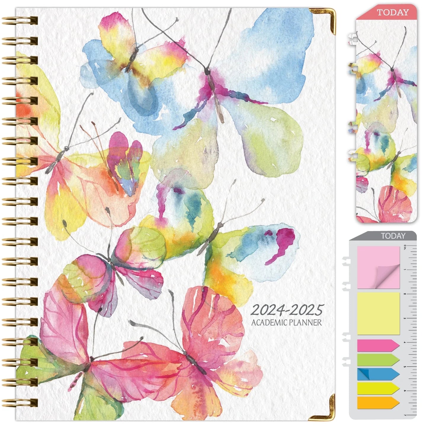 Hardcover Academic Year 2024-2025 Planner (June 2024 through July 2025) 8.5"X11", Large, Daily Weekly Monthly Planner Yearly Agenda. Bookmark, Pocket Folder and Sticky Note Set, Watercolor Butterflies